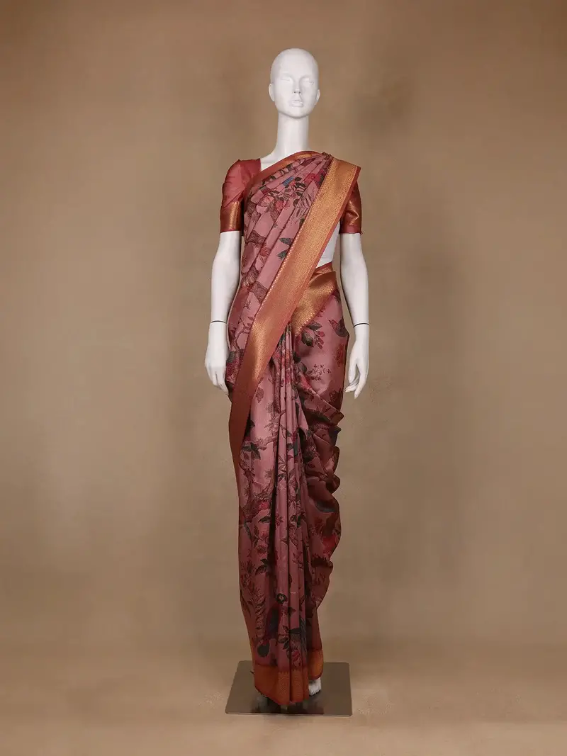 Rosewood Pink Tropical Bird Printed Semi Tussar Saree 1