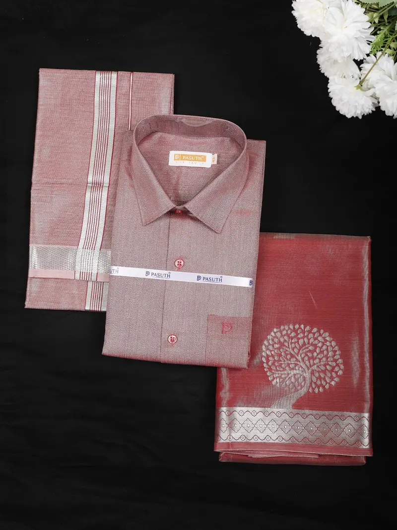 Rosewood Pink Woven Tissue Silk Shirt, Dhoti And Saree Combo With Silver Zari Tree Motif Pallu 1