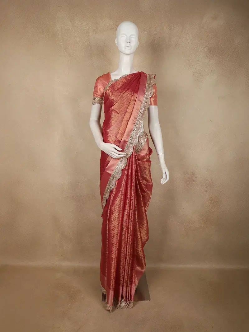 Rosewood Pink Zari Woven Design Tissue Silk Saree With Designer Border 1