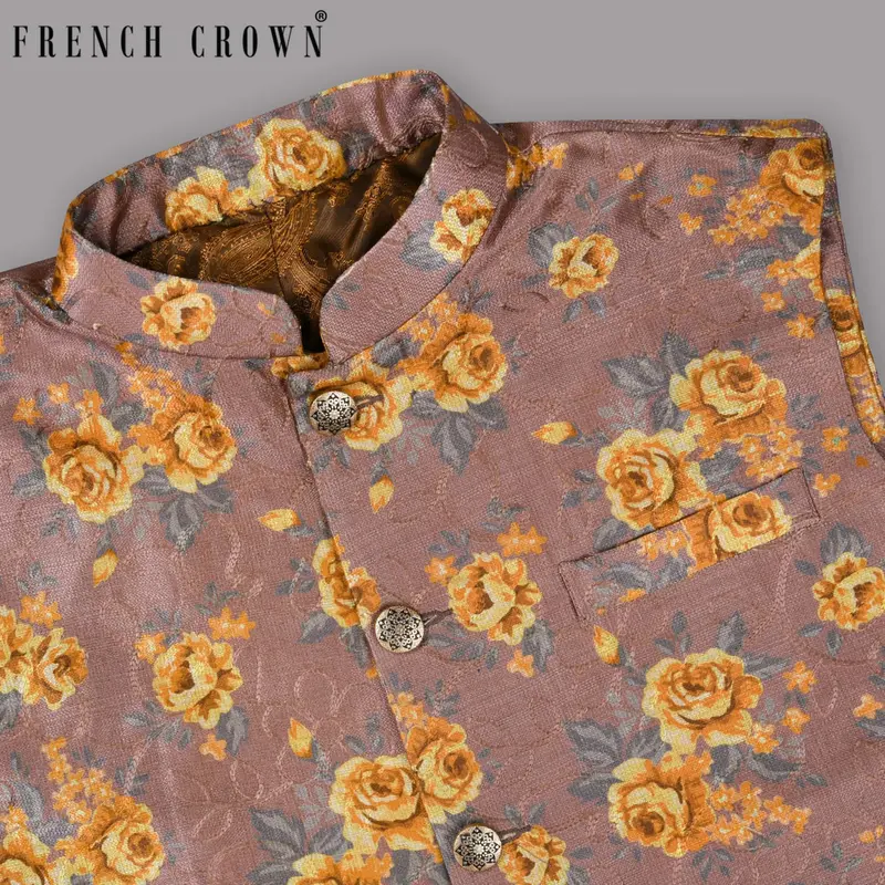 Rosewood With Tonal Embroidered And Mustard Flowers Printed Premium Designer Nehru Jacket 1