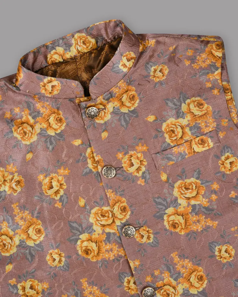 Rosewood With Tonal Embroidered And Mustard Flowers Printed Premium Designer Nehru Jacket 2