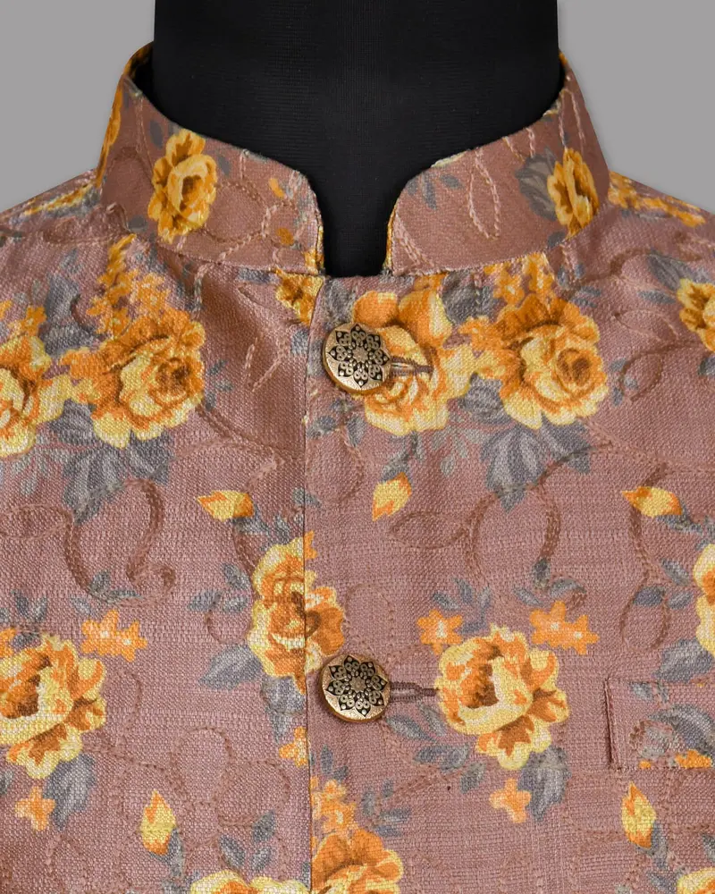 Rosewood With Tonal Embroidered And Mustard Flowers Printed Premium Designer Nehru Jacket 4