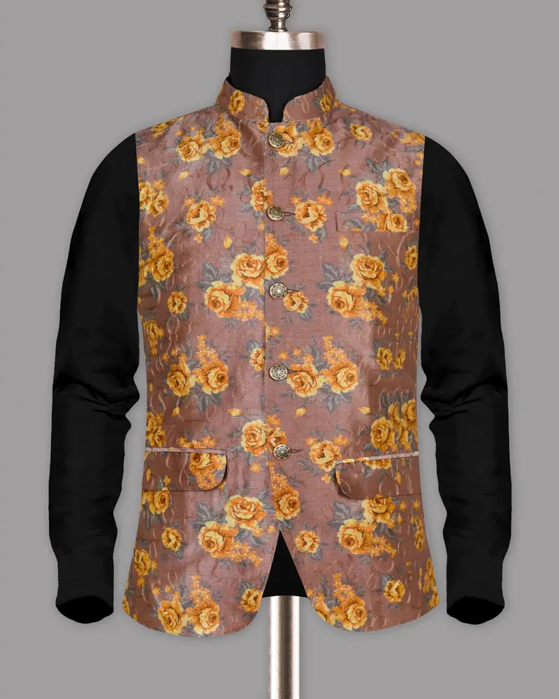 Rosewood With Tonal Embroidered And Mustard Flowers Printed Premium Designer Nehru Jacket 5
