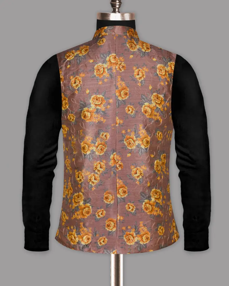 Rosewood With Tonal Embroidered And Mustard Flowers Printed Premium Designer Nehru Jacket 6