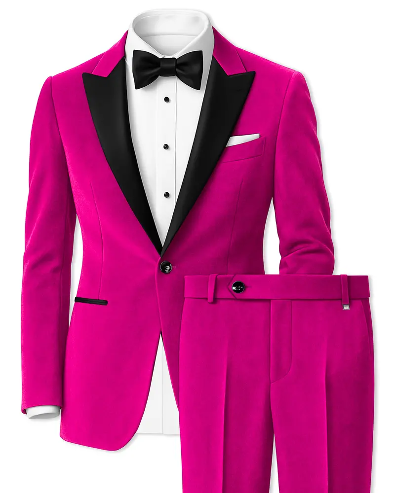 Rosivell-Fuchsia Pink Velvet Peak Lapel Tuxedo Suit 1