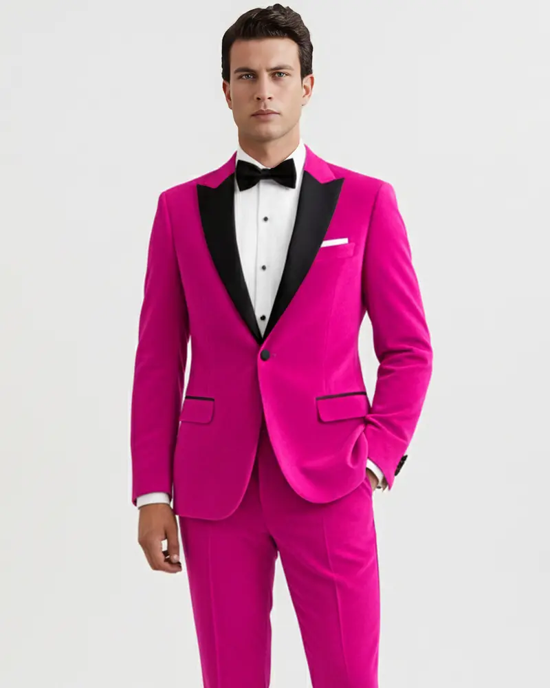 Rosivell-Fuchsia Pink Velvet Peak Lapel Tuxedo Suit 1