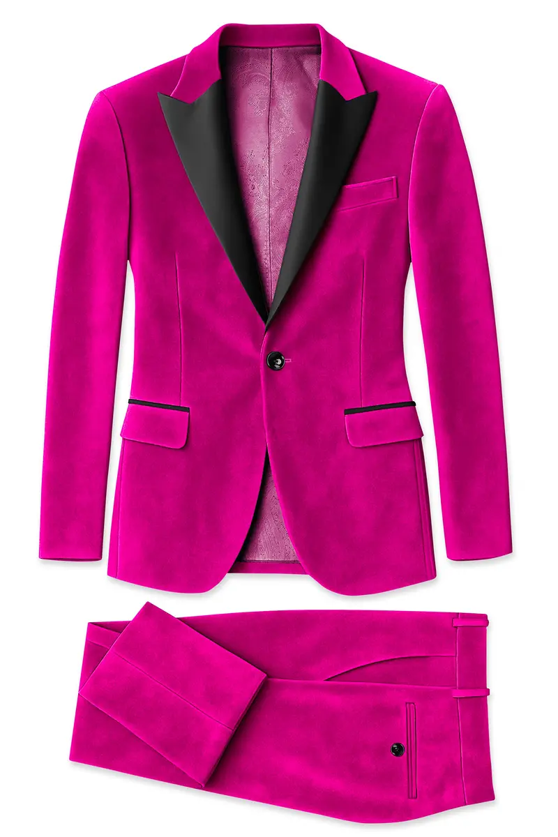 Rosivell-Fuchsia Pink Velvet Peak Lapel Tuxedo Suit 11