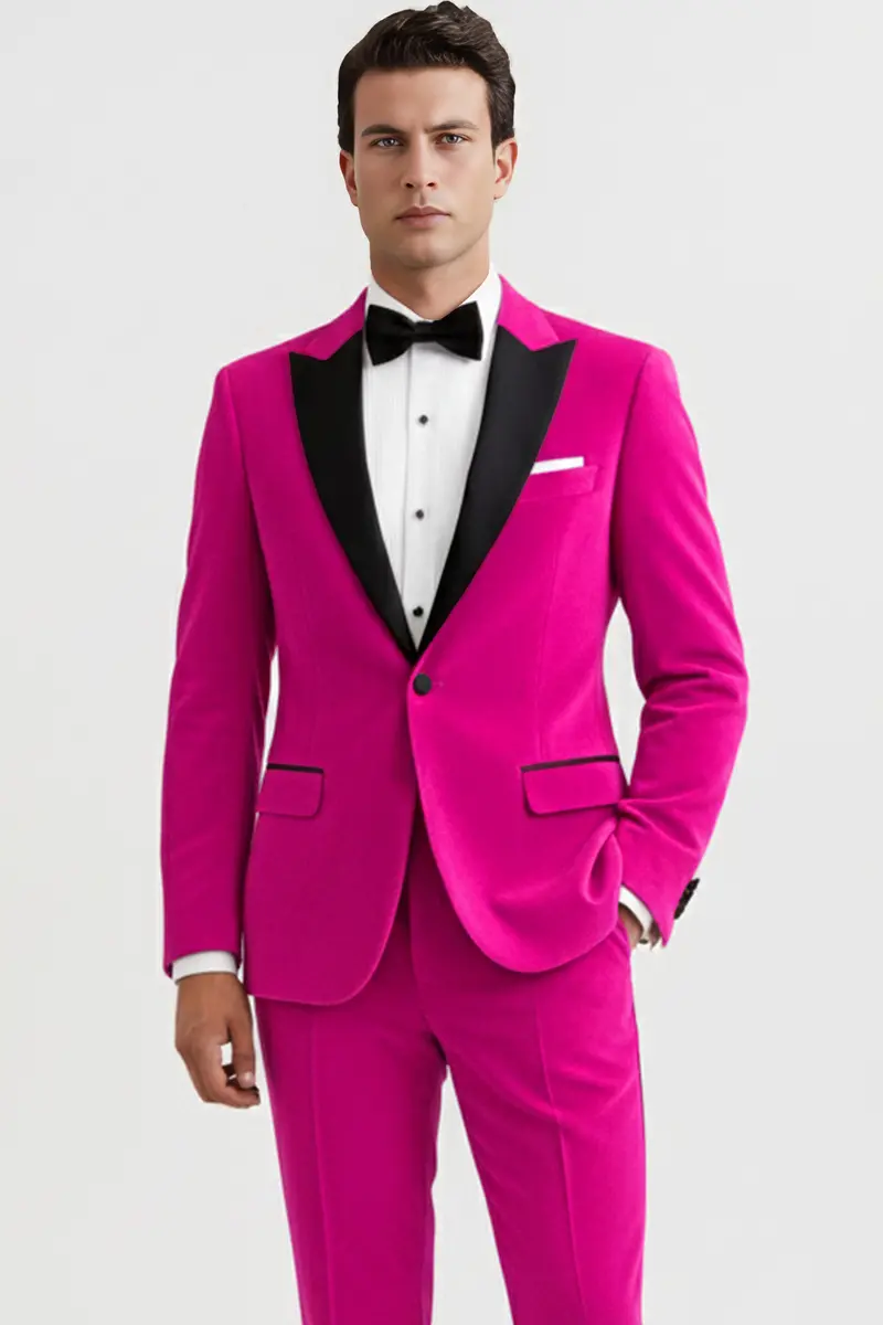 Rosivell-Fuchsia Pink Velvet Peak Lapel Tuxedo Suit 2