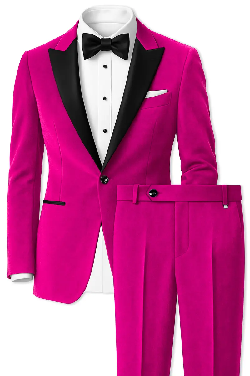 Rosivell-Fuchsia Pink Velvet Peak Lapel Tuxedo Suit 4