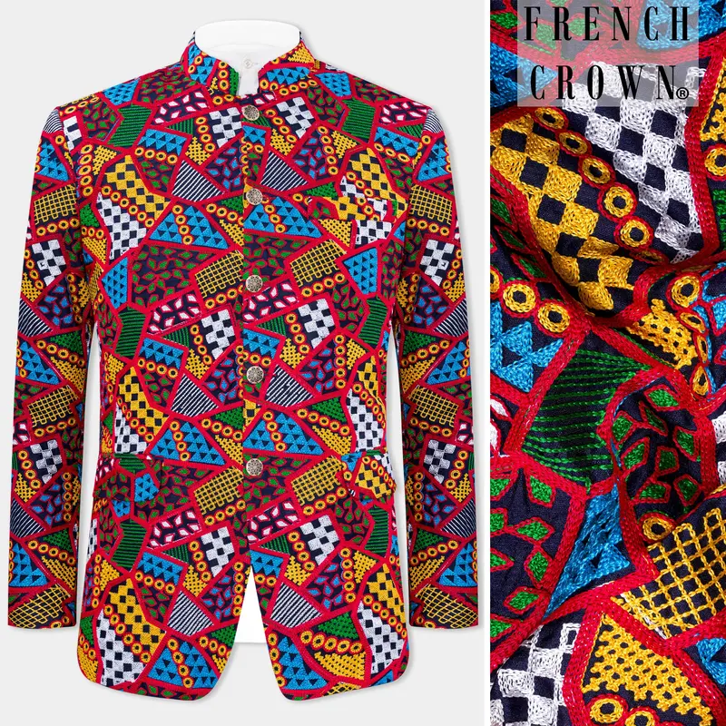 Rosso Red With Peel Yellow Multicolour Cotton Thread Embroidered Bandhgala Designer Blazer 1