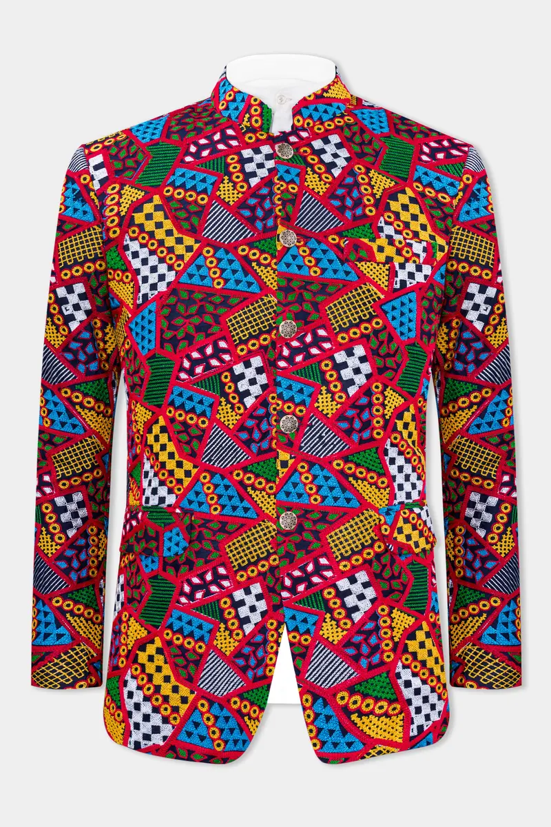Rosso Red With Peel Yellow Multicolour Cotton Thread Embroidered Bandhgala Designer Blazer 2