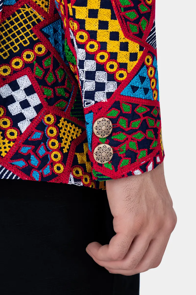 Rosso Red With Peel Yellow Multicolour Cotton Thread Embroidered Bandhgala Designer Blazer 6