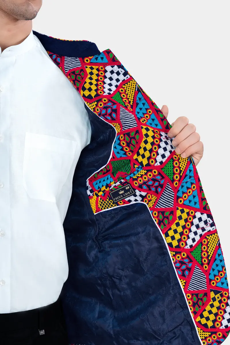 Rosso Red With Peel Yellow Multicolour Cotton Thread Embroidered Bandhgala Designer Blazer 7