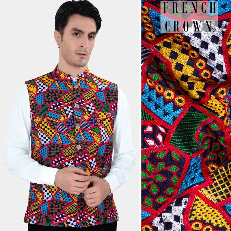 Rosso Red With Peel Yellow Multicolour Cotton Thread Embroidered Nehru Jacket 1