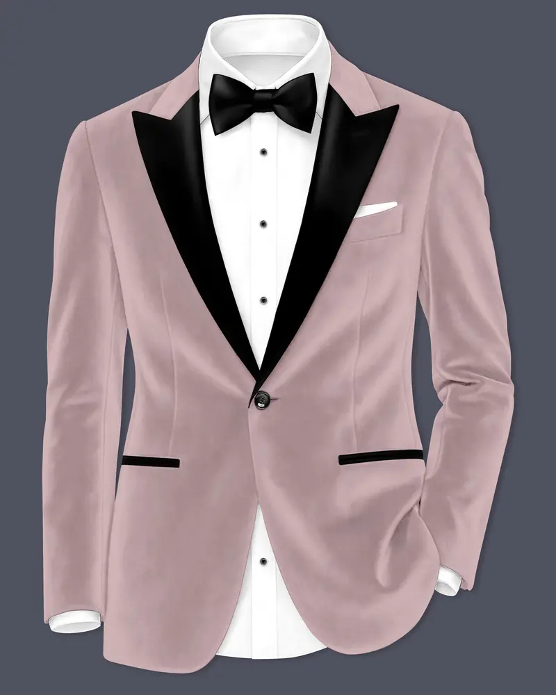Rosvoro-Calming Pink Velvet Peak Lapel Tuxedo Blazer 1