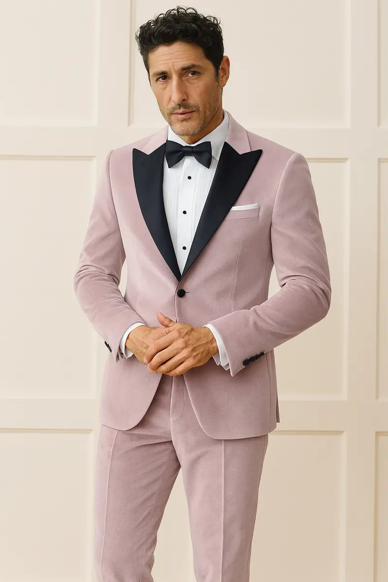 Rosvoro-Calming Pink Velvet Peak Lapel Tuxedo Blazer 11