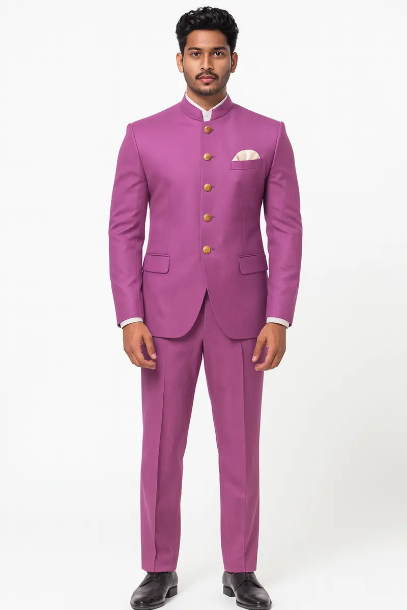 Rosvoy-Trendy Pink Wool Rich Bandhgala Slight Stretch Suit 18