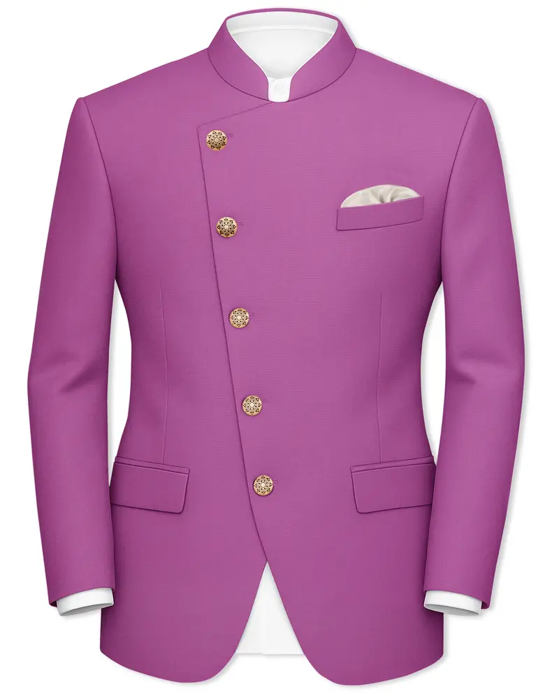 Rosvoy-Trendy Pink Wool Rich Cross Placket Bandhgala Slight Stretch Blazer 1