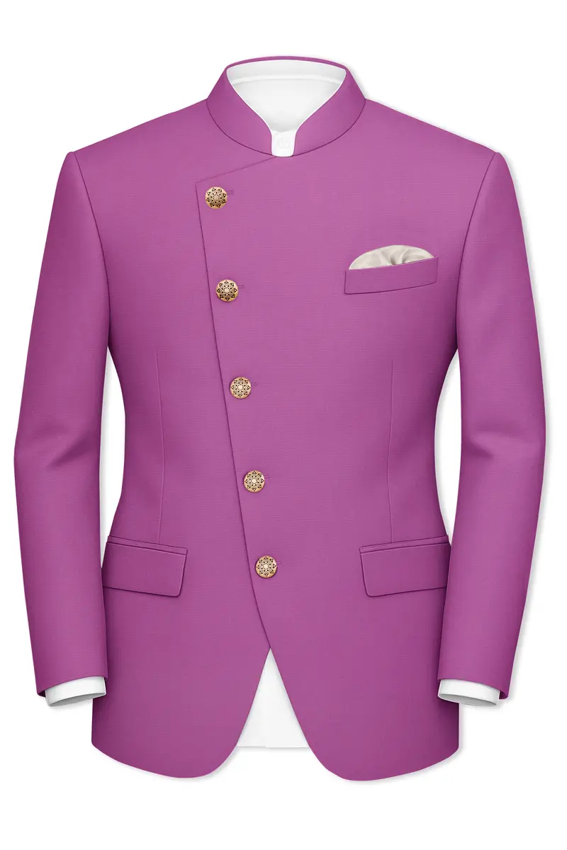 Rosvoy-Trendy Pink Wool Rich Cross Placket Bandhgala Slight Stretch Blazer 2