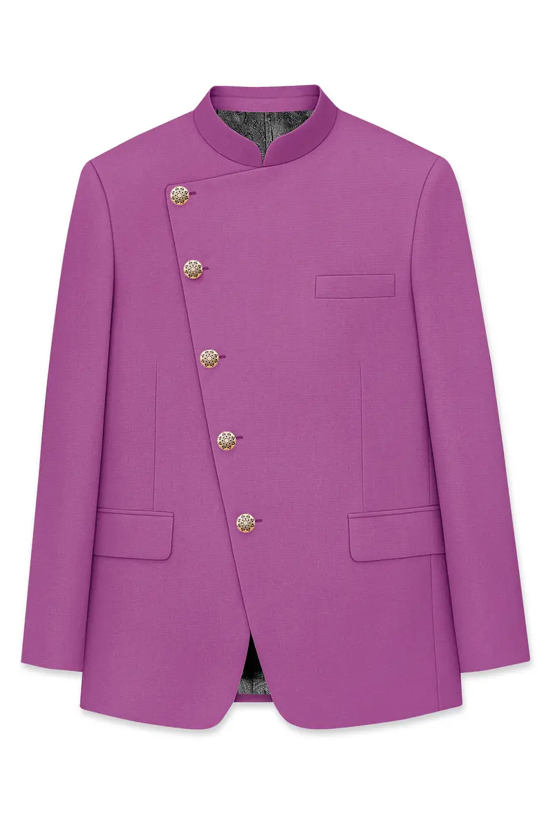 Rosvoy-Trendy Pink Wool Rich Cross Placket Bandhgala Slight Stretch Blazer 6