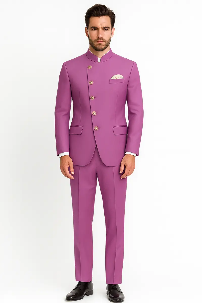 Rosvoy-Trendy Pink Wool Rich Cross Placket Bandhgala Slight Stretch Blazer 9