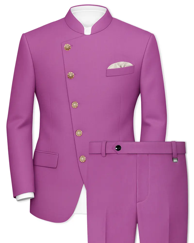 Rosvoy-Trendy Pink Wool Rich Cross Placket Bandhgala Slight Stretch Suit 1