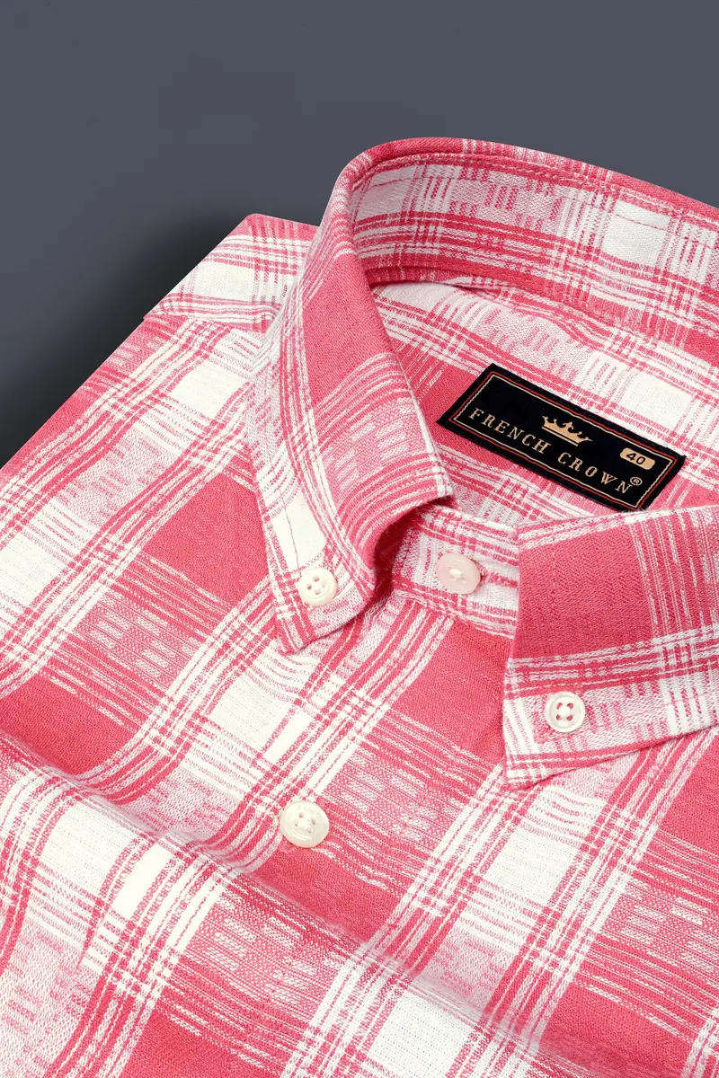 Rosy Pink And White Checks Plaid Dobby Textured Premium Giza Cotton Shirt 1