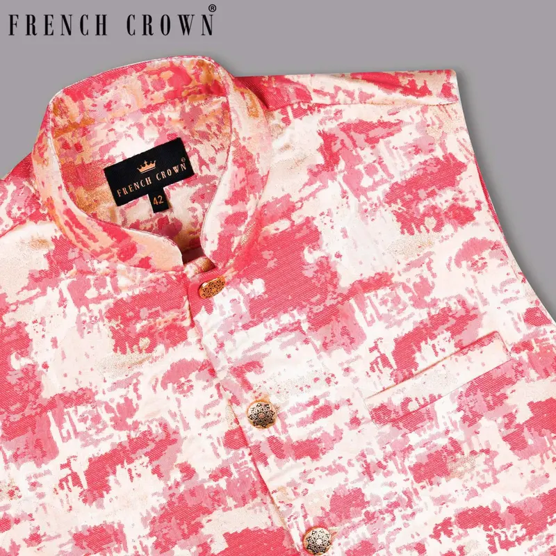 Rouge Pink With Golden Abstract Jacquard Patterned Designer Waistcoat 1