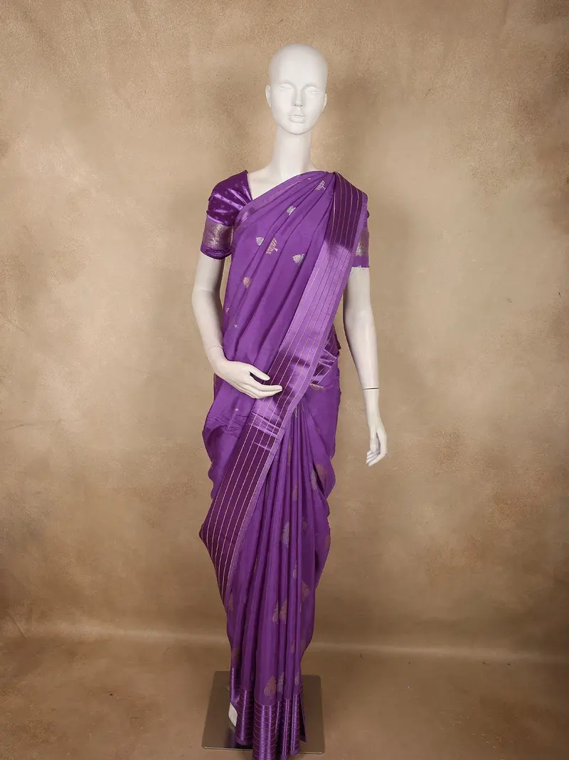 Royal Amethyst Purple Floral Butta Woven Design Semi Banarasi Saree With Striped Border 1