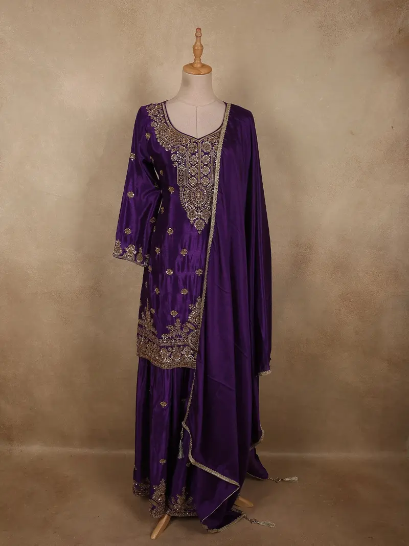 Royal Aubergine Purple Heavy Sequins And Beads Embroidered Design Organza Lehenga With Dupatta 1
