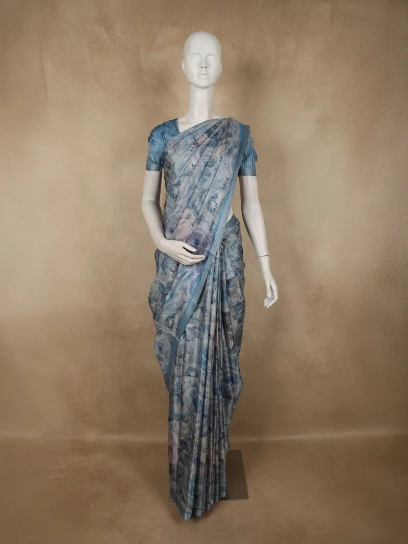 Royal Blue Abstract Printed Design Semi Tussar Fancy Saree 1