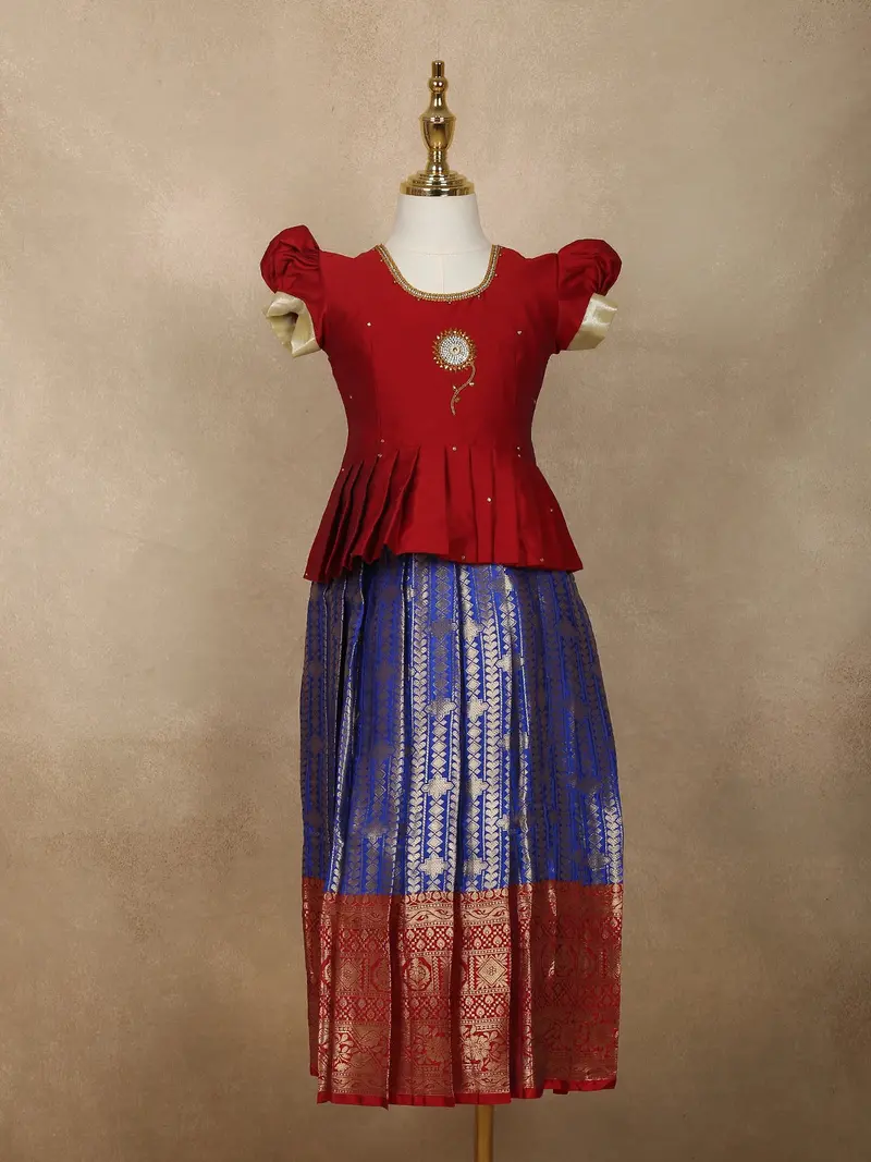 Royal Blue And Maroon Zari Woven Design Art Silk Kids Pattu Pavadai 1