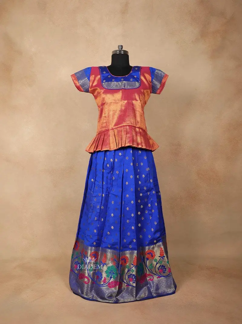 Royal Blue And Peach Silk Pattu Pavadai Set Adorned With Floral Zariwork 1