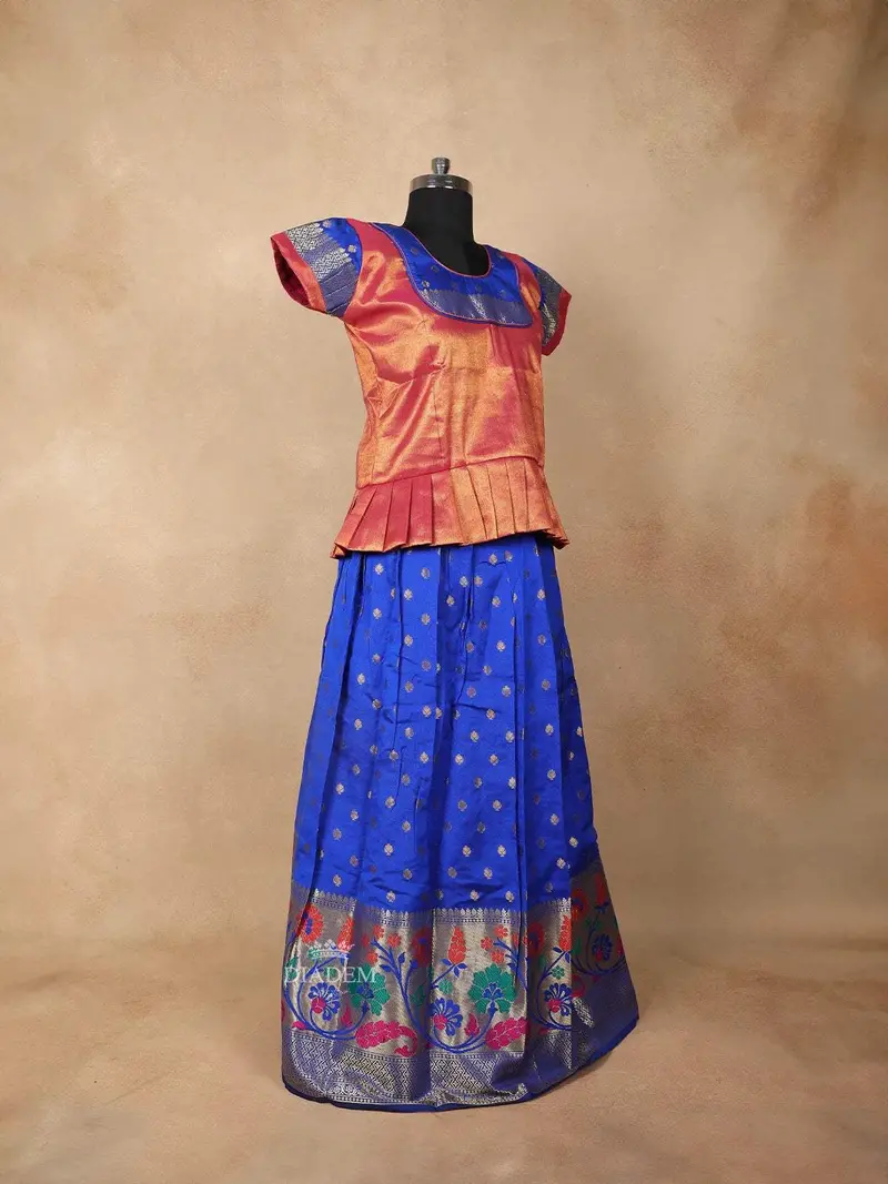 Royal Blue And Peach Silk Pattu Pavadai Set Adorned With Floral Zariwork 2