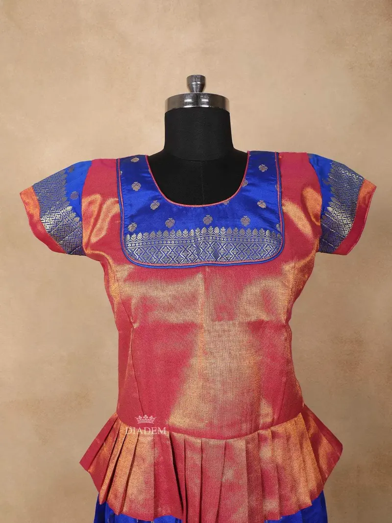 Royal Blue And Peach Silk Pattu Pavadai Set Adorned With Floral Zariwork 4