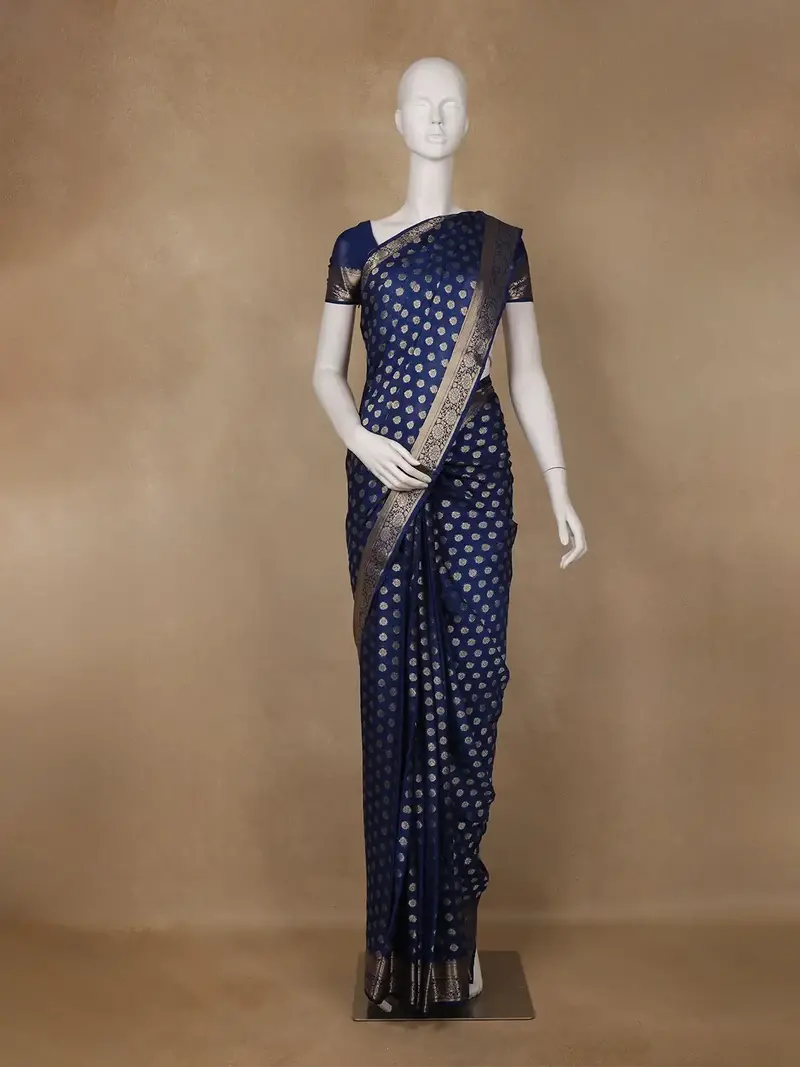Royal Blue Antique Gold Zari Work Chiffon Silk Saree 1