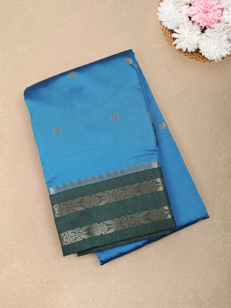 Royal Blue Butta Woven Design Soft Silk Fancy Wear Saree With Contrast Zari Border 1