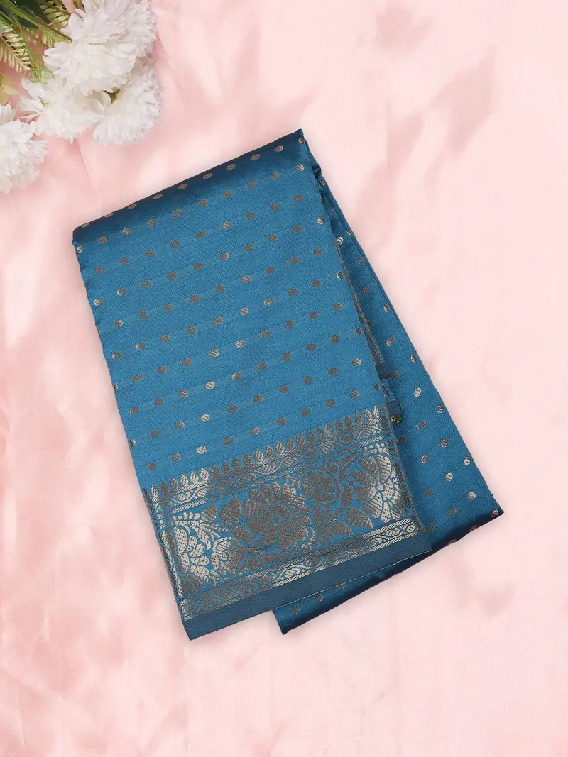 Royal Blue Butta Zari Woven Design Semi Silk Saree With Floral Border 1