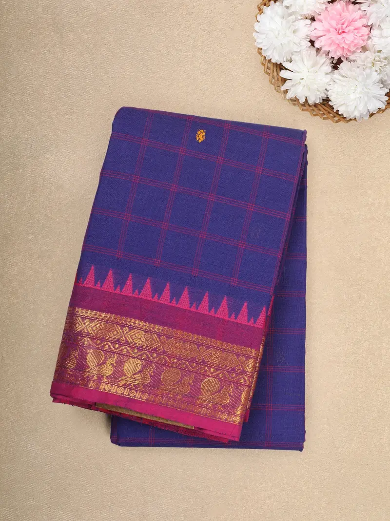 Royal Blue Checked Cotton Saree With Pink Zari Temple Border 1