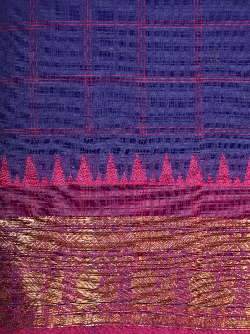 Royal Blue Checked Cotton Saree With Pink Zari Temple Border 2