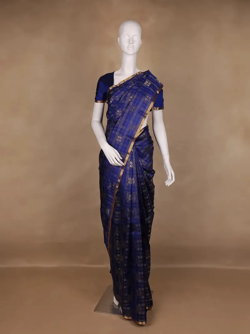 Royal Blue Checked Peacock Motif Kanchipuram Silk Saree 1