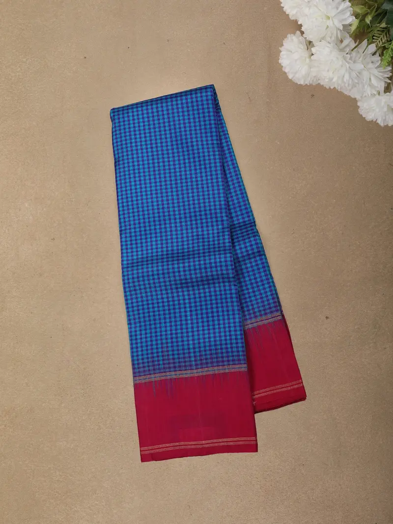 Royal Blue Checked Woven Design Kanchipuram Silk Saree With Contrast Border 1
