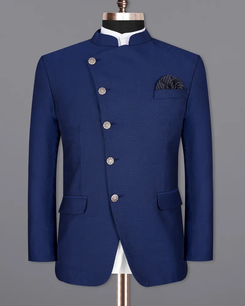 Royal Blue Cross Placket Bandhgala Wool Rich Blazer 8