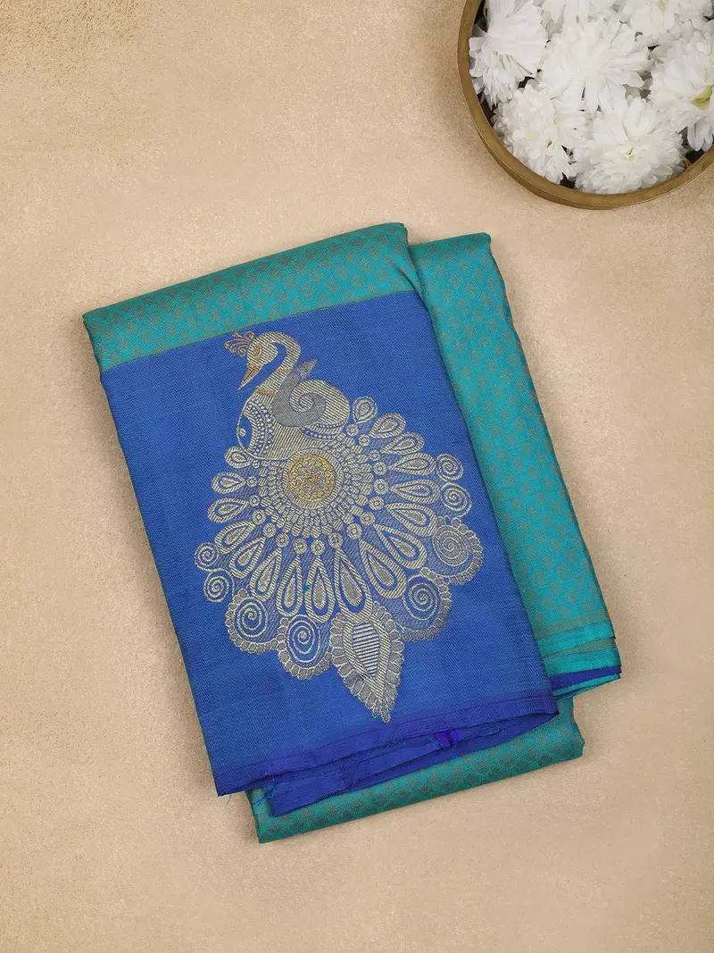 Royal Blue Floral And Peacock Motifs Pure Kanchipuram Silk Saree 1