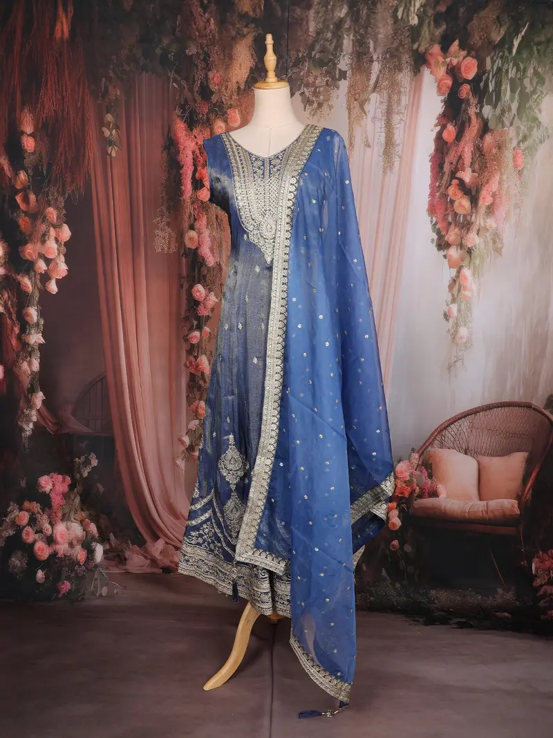 Royal Blue Floral Design Tissue Silk Salwar Suit With Dupatta 1