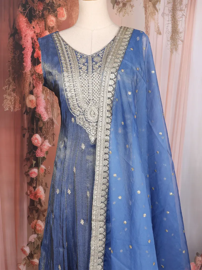 Royal Blue Floral Design Tissue Silk Salwar Suit With Dupatta 2