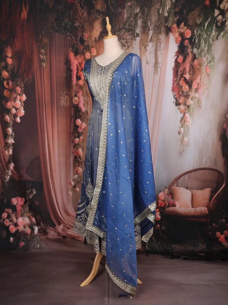 Royal Blue Floral Design Tissue Silk Salwar Suit With Dupatta 3