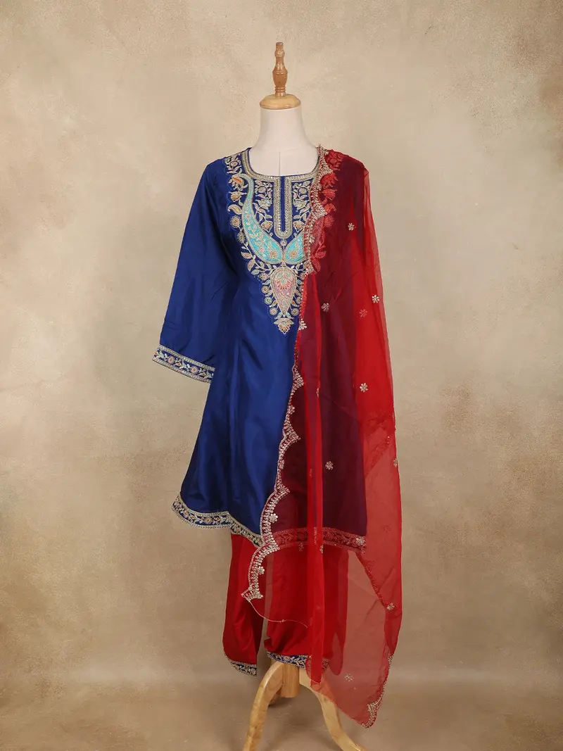 Royal Blue Floral Embroidered Silk Cotton Salwar Suit With Dupatta 1