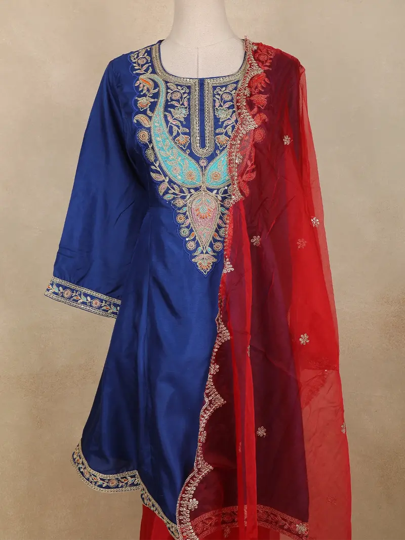 Royal Blue Floral Embroidered Silk Cotton Salwar Suit With Dupatta 2