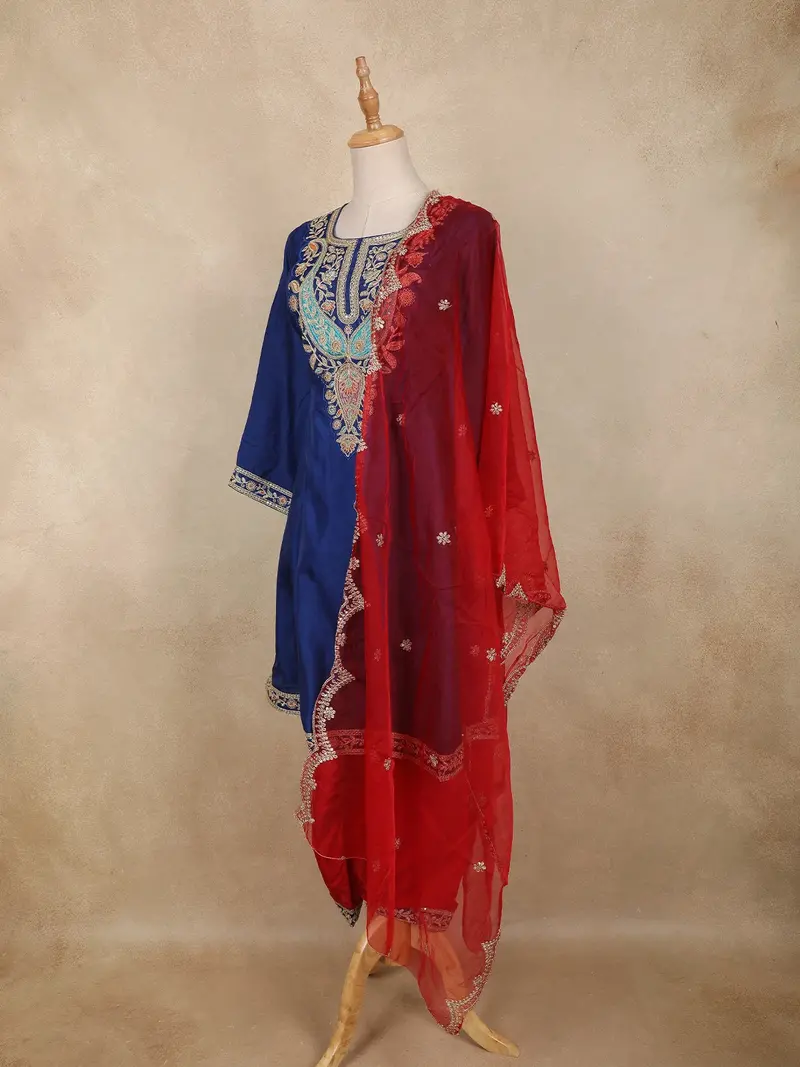Royal Blue Floral Embroidered Silk Cotton Salwar Suit With Dupatta 3